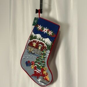 L.L. Bean Needlepoint Holiday Stocking with Christmas Camper Scene Featuring Dog